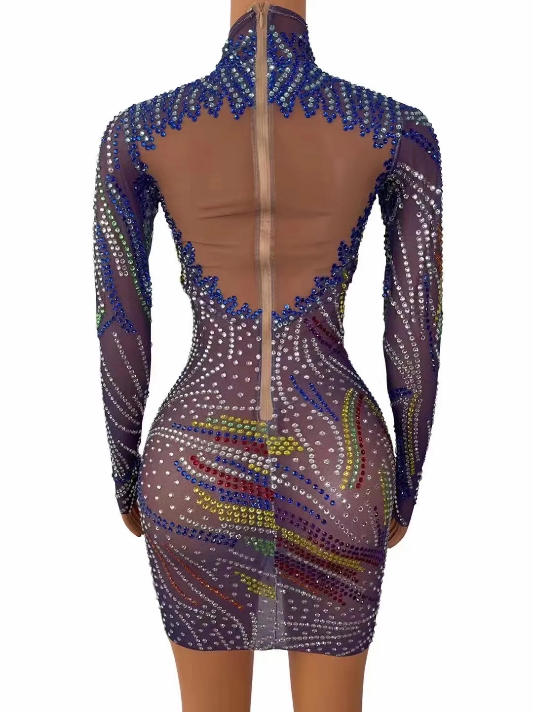 Women See Through Multi-color Rhinestone Dress Transparent Long Sleeve Dress Evening Birthday Celebrate Party Costume