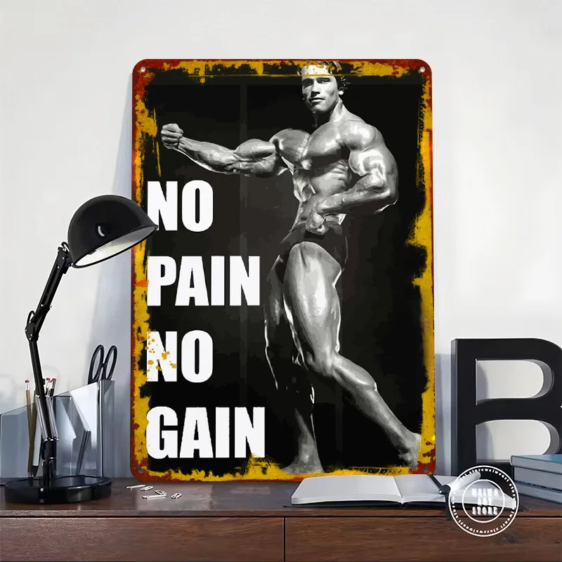 Arnold Schwarzenegger No Pain No Gain Poster Customized Vintage Metal Signs Wall Art Retro Tin Plaque for Fans Garage Decoration