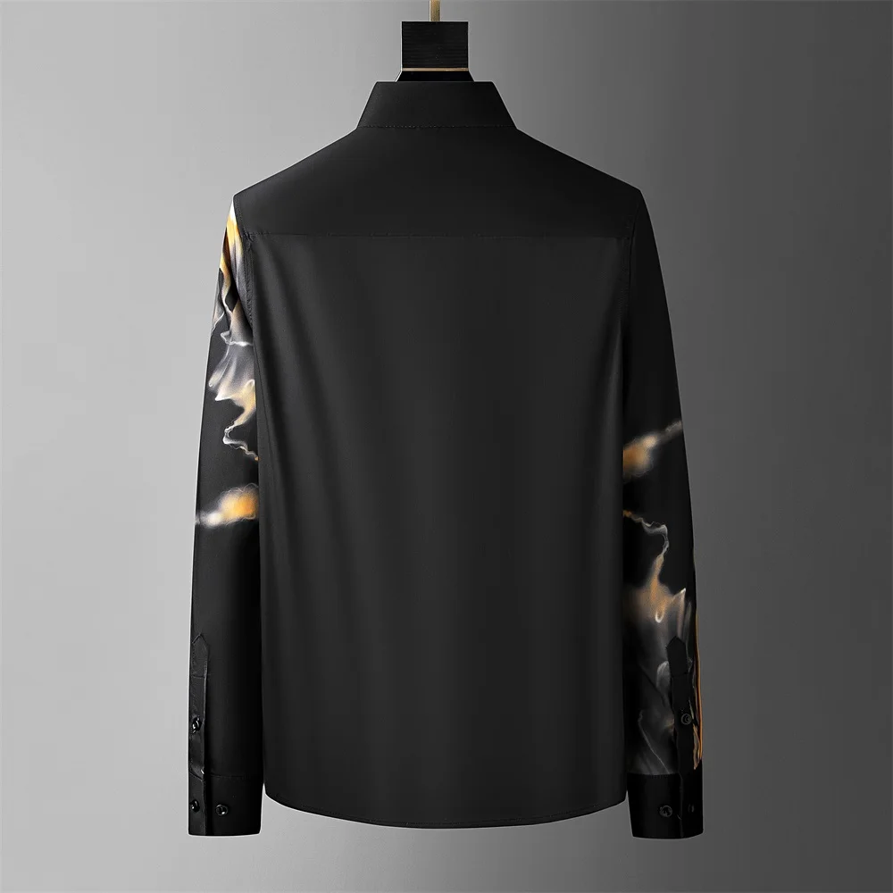 Luxury Art Printed Long Sleeve Shirt for Men Brand Rhinestone Casual Business Dress Shirts Slim Fit Party Tuxedo Streetwear Tops