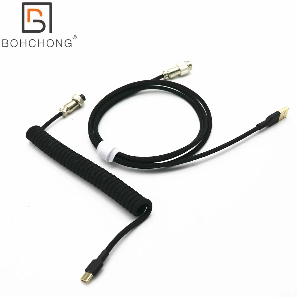 Z צורת לבן שחור מפותל אביב USB סוג C סליל כבל יחיד שרוולים לחיות מחמד עבור מכאני מקלדת כבל עם GX12 טייס