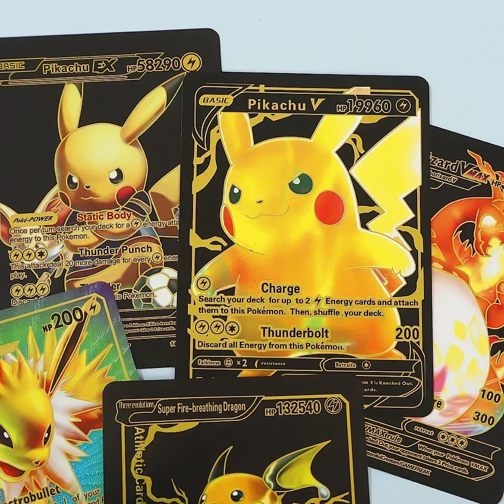 Boxed Anime Pikachu Spanish English French Gold Foil Silve Cards Vmax GX Game Battle Carte Trading Collection Card Letters