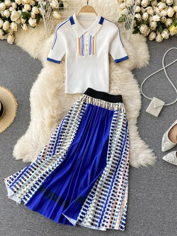 Spring Summer New Temperament Fashion Lapel Short-sleeved Polo Shirt Top with High Waist Mosaic Stitching Skirt Suit C676