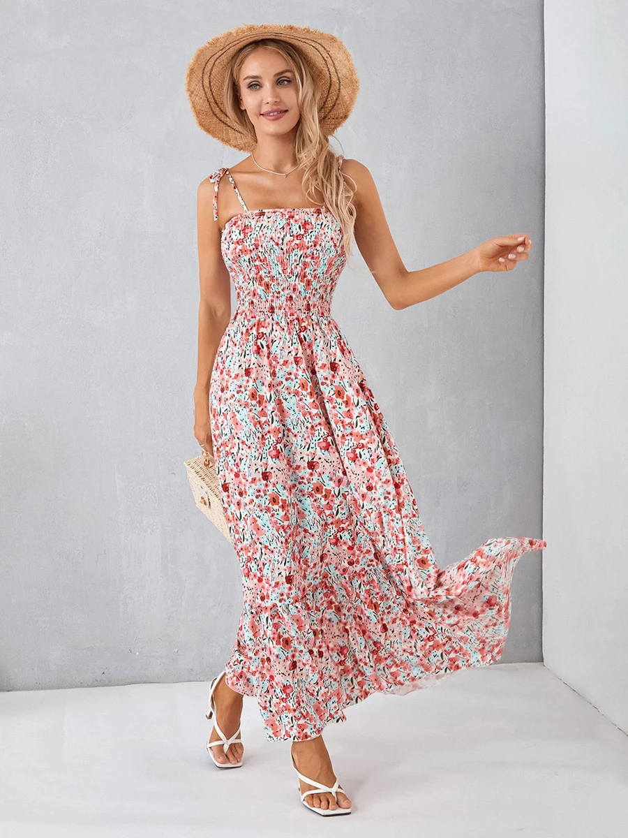 

wsevypo Floral Print Tie-up Suspender Beach Long Dress Women's Boho Summer Sleeveless Strapless Ruffle Flowy Hem Slip Sundress