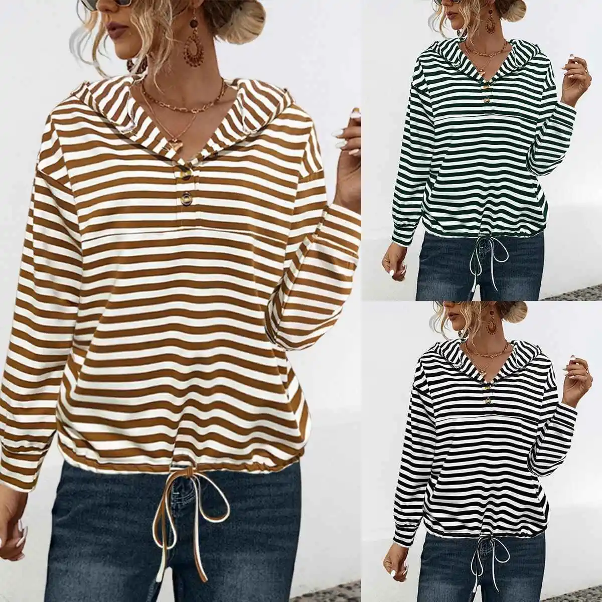 

Женский полосатый длинный свитер с капюшоном, повседневный свитер из полиэфирного волокна 00% свободного покроя, удобная толстовка с капюшоном, осенняя модная толстовка
