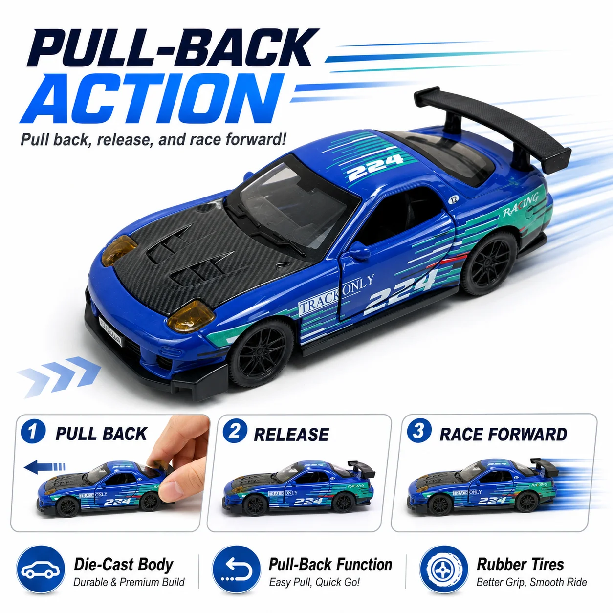 (Corrugated Box) 1/36 Scale, JDM Drift Race Car Style Toy Car, Powerful Spring, Metal Casting, the Best Gift.