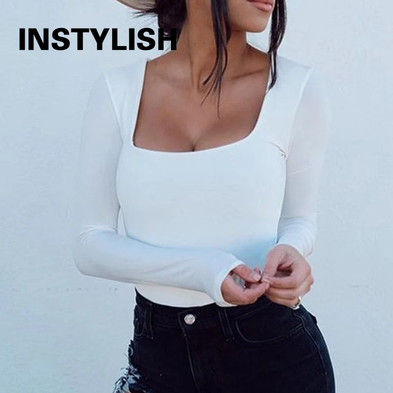 Elegant Long Sleeve Bodysuit Casual Square Collar Solid Bodycon Jumpsuit Women Autumn Slim Overalls Tops Streetwear Rompers