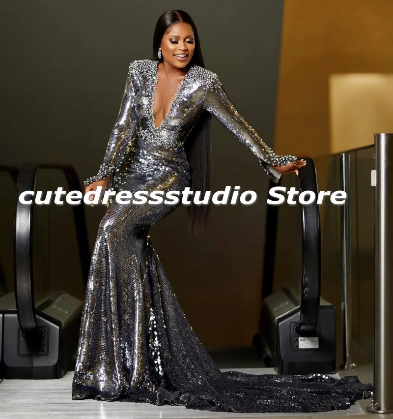 Luxury Silver Party Dresses For Women Long Sleeves Rhinestone Sequin Evening Gowns Customized Aso Ebi Wedding Guest Dress