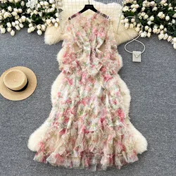 French Elegant Print Gorgeous Flower Cascading Ruffles Long Dress Women's Stand Collar Puff Sleeve Tulles Party Prom Vestidos