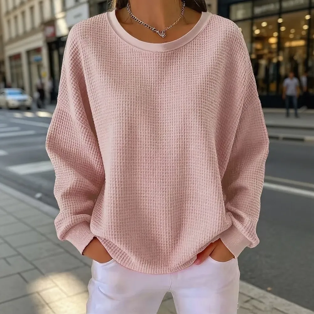 Loose Fit Round Collar Tee Waffle Pullover Tops Full Sleeve Coverage Solid Pattern Style 95 Polyester 5 Spandex