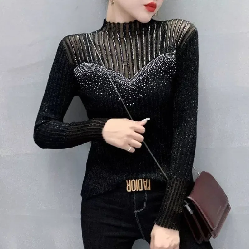 Half High Collar Mesh Lace Sweater Bottom Top for Women Autumn Long Sleeve Jumpers Diamond Hollow Out Slim Knit Pullover