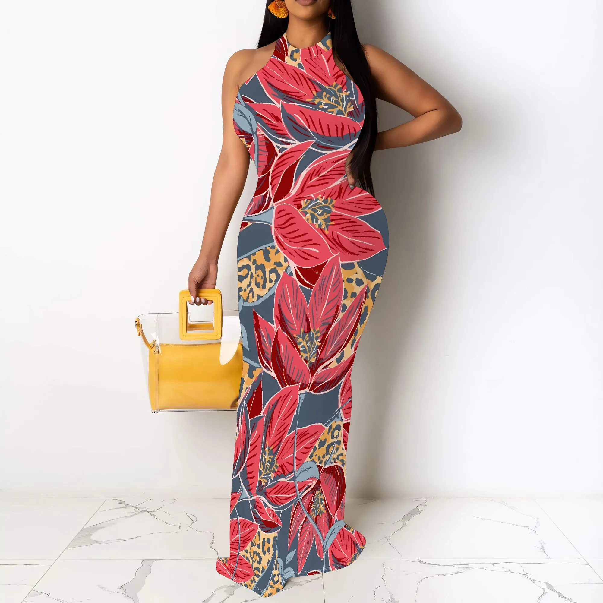 

Nupusa Leaf & Leopard Print Dress for Women Regular Size Summer Casual Halter Neck Sleeveless Maxi Dress