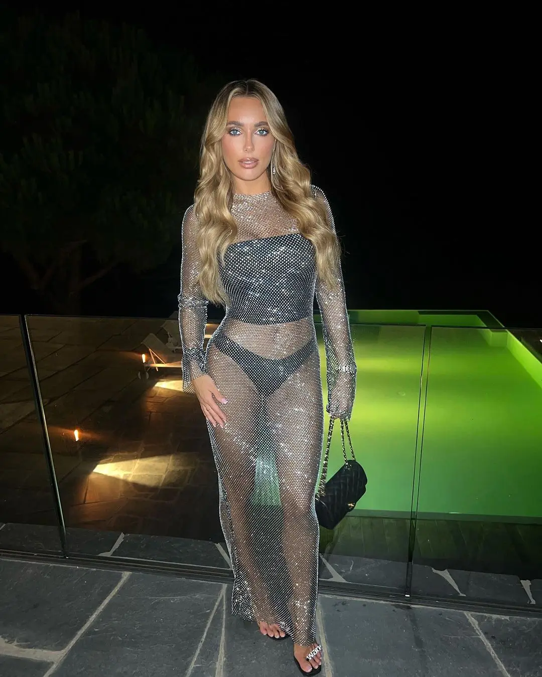 Mode Elastische Mesh Glänzenden Strass Lange Kleid Sexy Aushöhlen Sheer Frauen Cover Up Nachtclub Party Abendkleider 2024 Neue