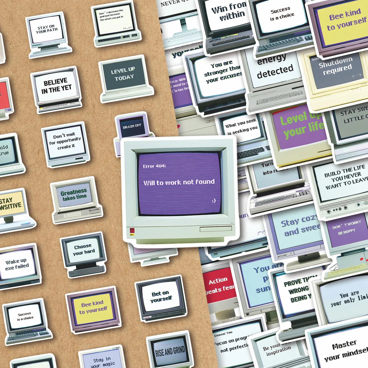 50 Pcs Vintage Retro Monitor Scene Vinyl Stickers Y2K Tech Aesthetic Old PC Screen Error Message & Motivational Quote Decals for