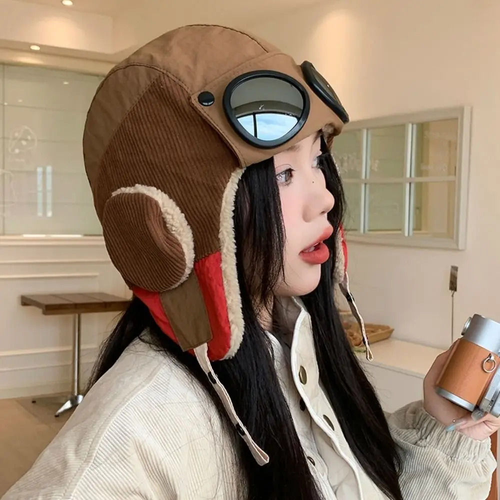 Casual Windproof Winter Pilot Hat With Goggles Beanie Ear Protection Warm Ski Hat Warm Cold Proof Cycling Lei Feng Hat Skiing