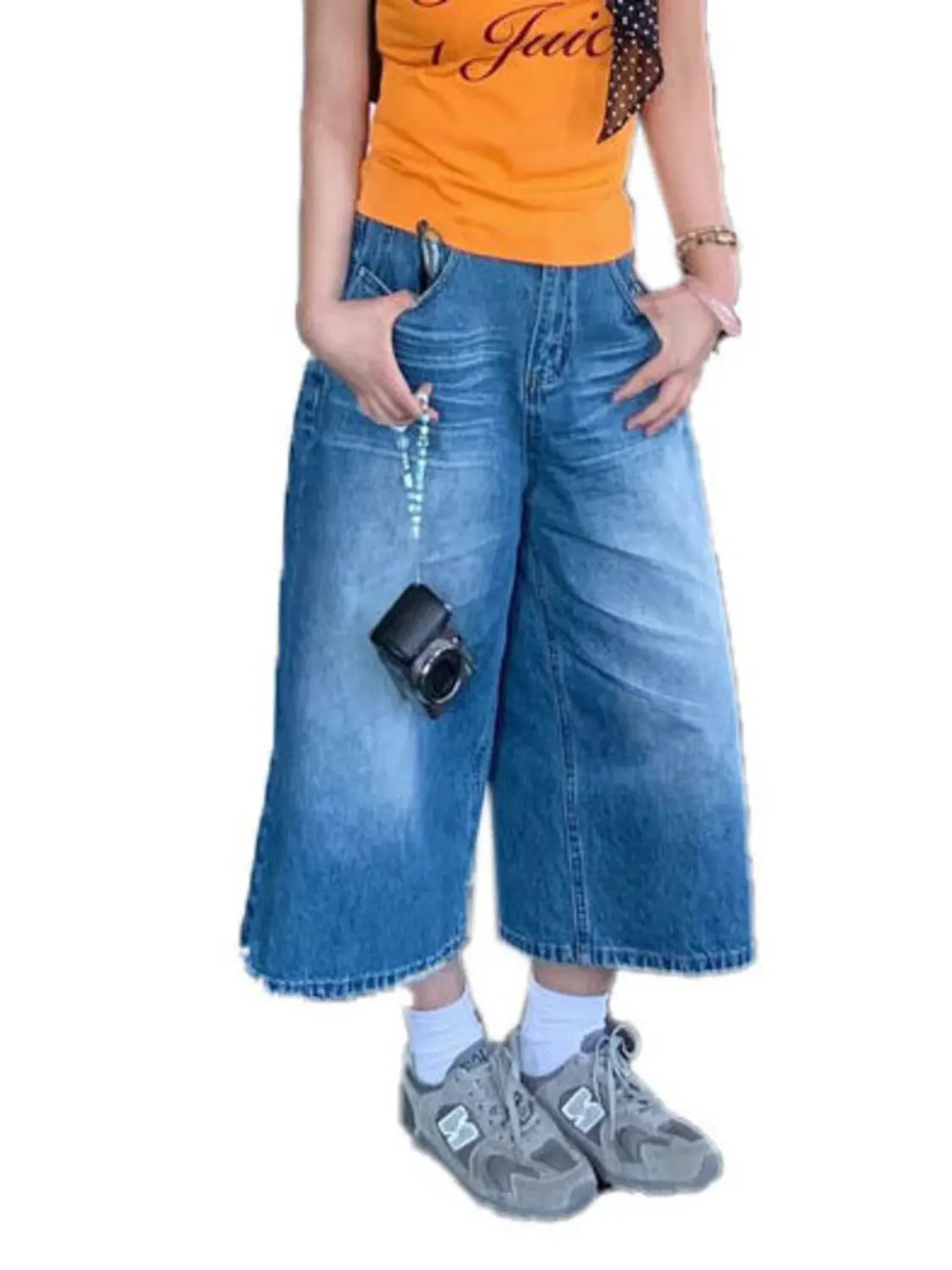 

Women Vintage Wash Wide Leg Cropped Jeans High Waist Denim Capris Y2K Streetwear