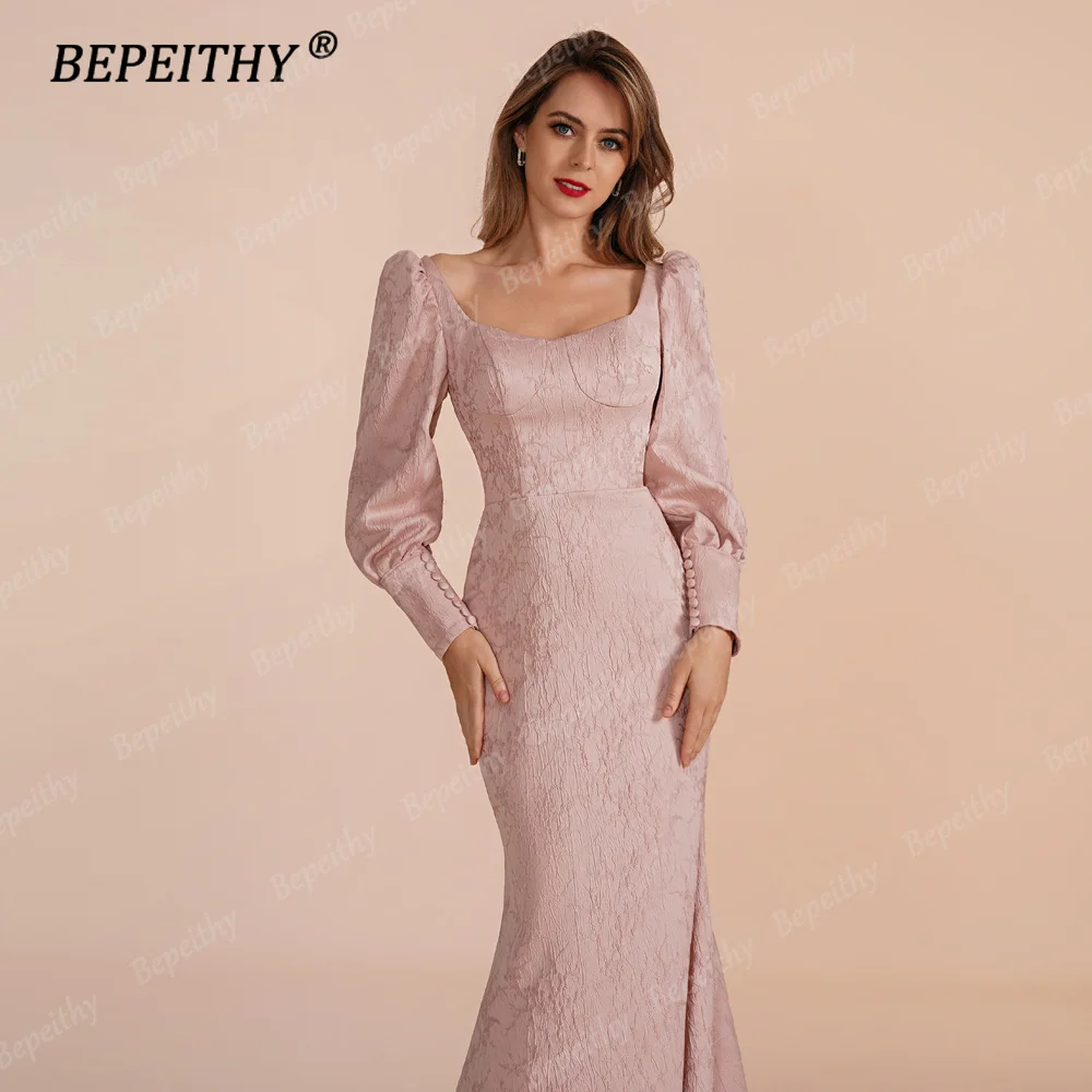 BEPEITHY Customized Mermaid Long Prom Dresses Evening Full Sleeves Floor Length Square Speical Occasion Formal Gown 2023 Women