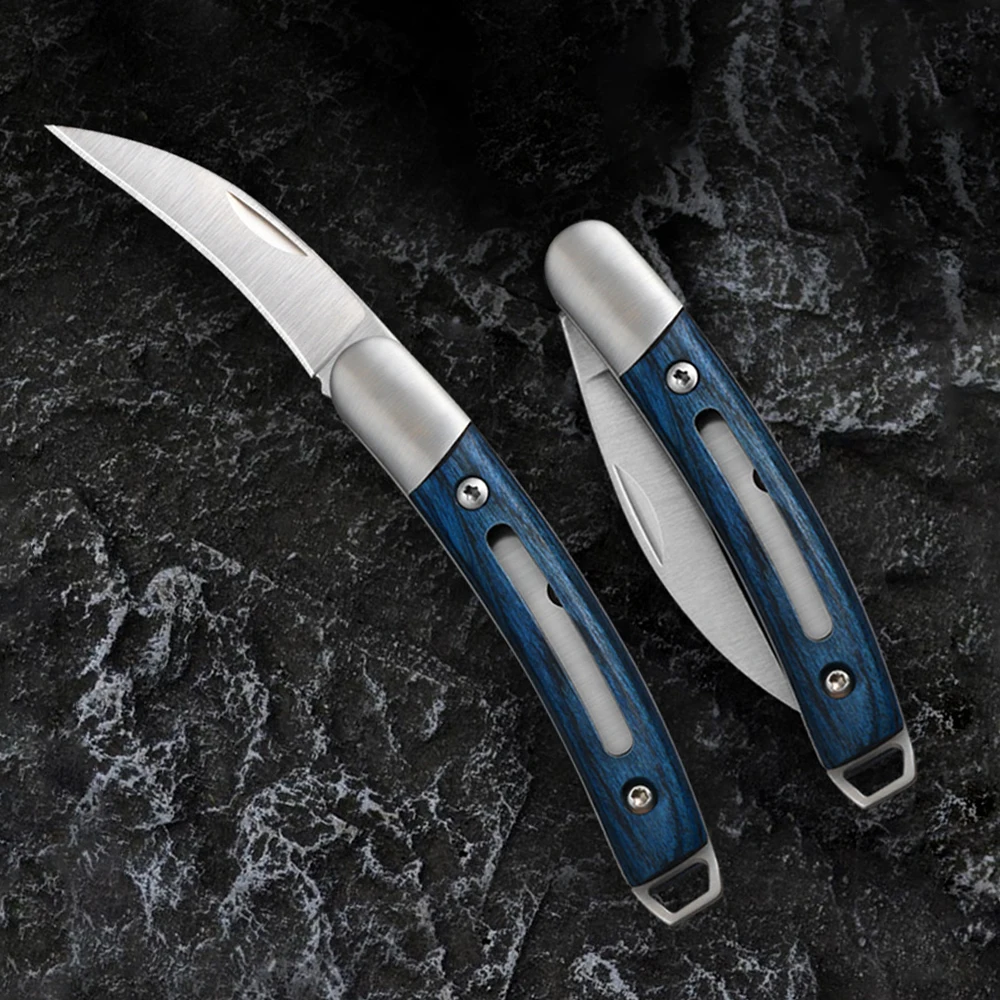 EDC Keychain Curved Knife Small Stainless Steel Pocketknife Colour Wood Handle Camping Folding Pocket Cutting Knives For Men