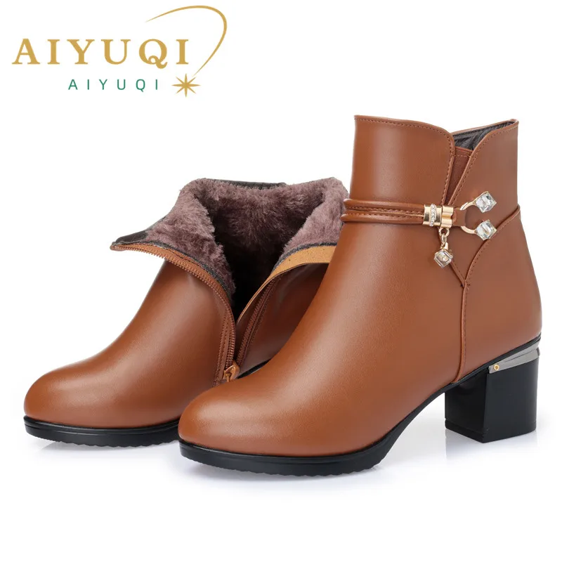 Women Boots Women Genuine Leather Boots Genuine Leather High Heel Ankle Boots Women Thick Wool Winter Snow Boots Women