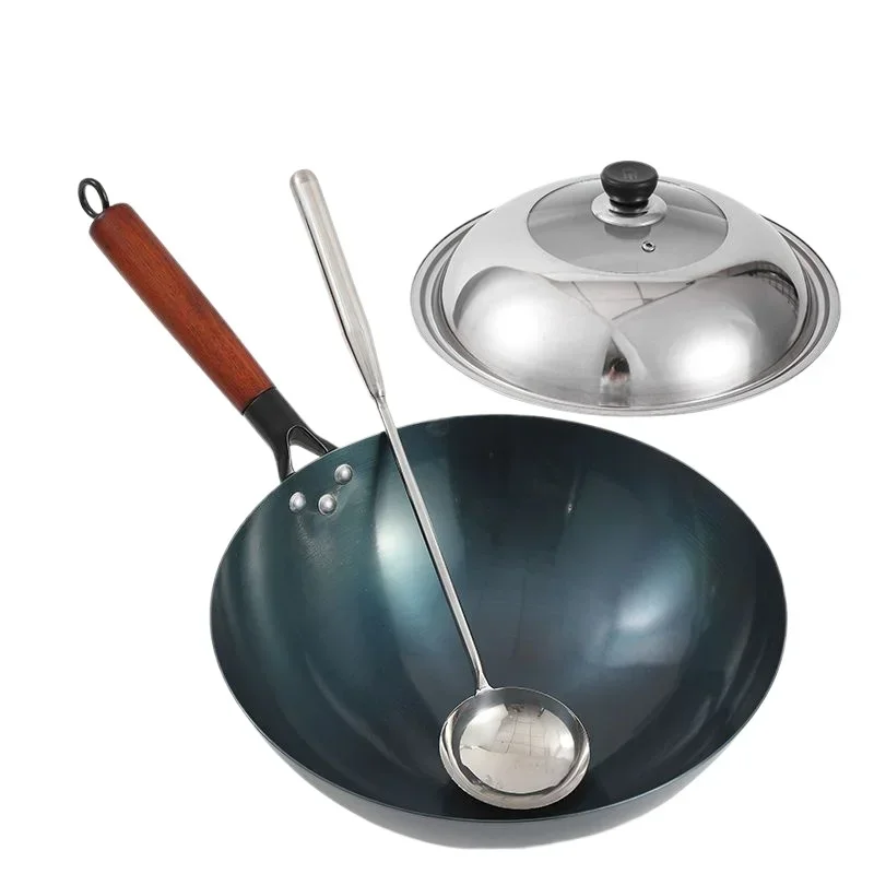 30/32/34cm Traditional iron wok, Non-coating Woks Hand forged for Panwooden Kitchen Handle Wok Kitchen Gas Pot Cookware