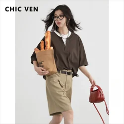 CHIC VEN Women T-Shirts Contrasting Color Loose Short Sleeved Female Tees Shoulder Top Summer 2024