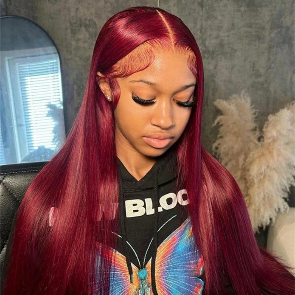 30 Polegada 99j borgonha vermelho 13x4 perucas dianteiras do laço reto cabelo humano 99j 13x4 perucas frontais do laço transparente para mulher 200% densidade