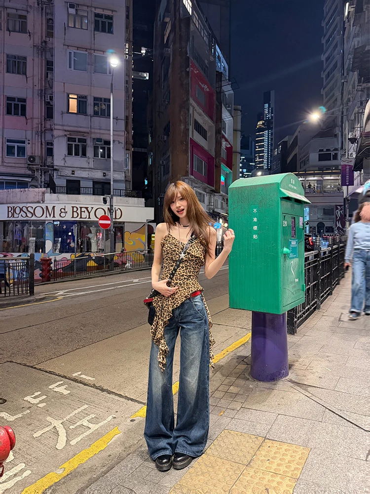 

Casual Straight Leg Jeans Women's Blue Sea Surface'Versatile Whisker Pattern Jeans Spring New Style Cotton Blend Long Pants