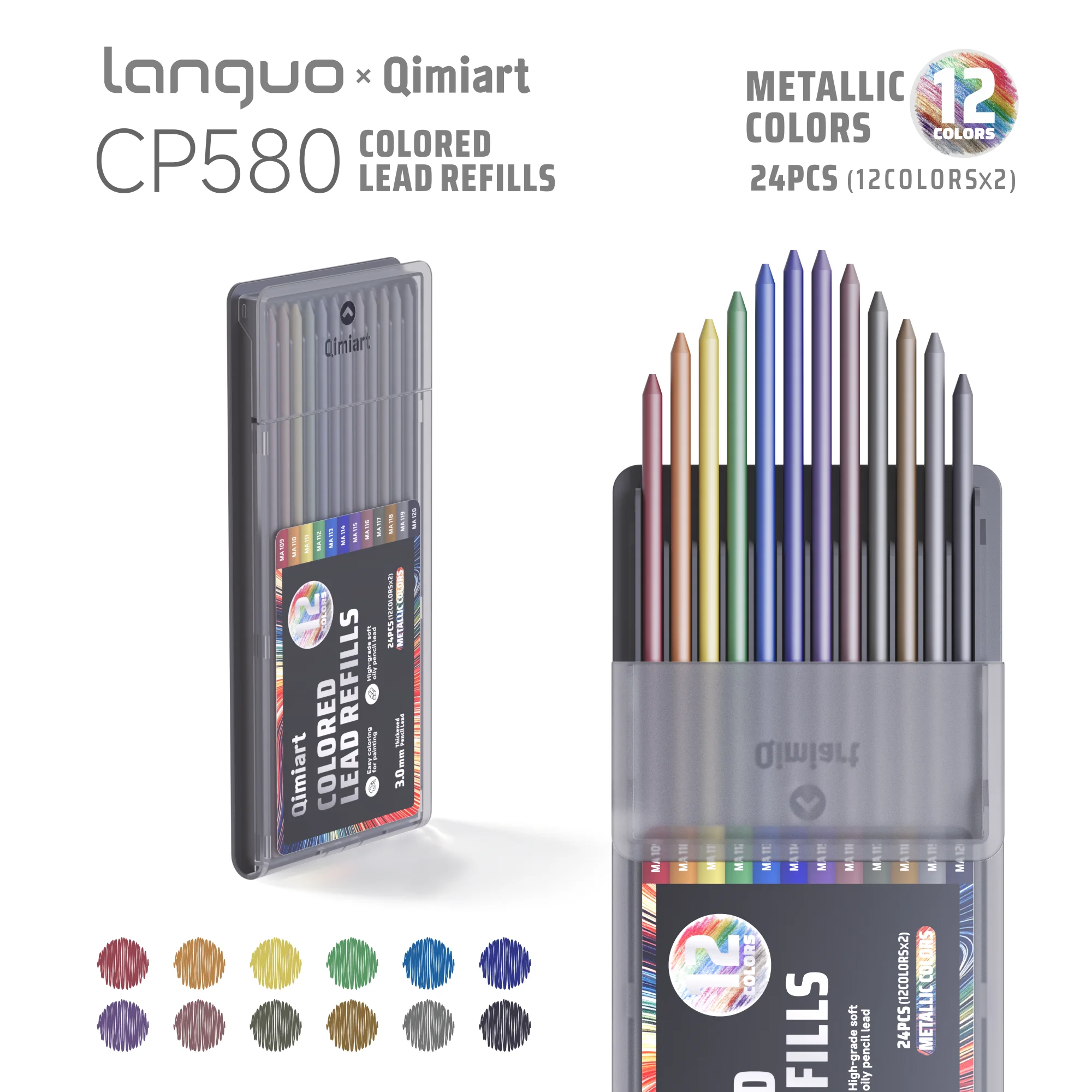 Languo 12 Kleuren Intrekbare Kleurpotloodset, 3,0 mm Dikke Oliebasis Potloodstift, voor Handtekenen, Doodling, Journaling