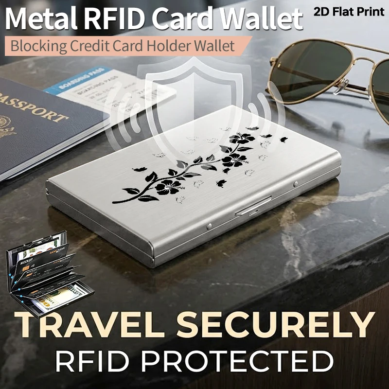 

Металлический держатель для карт с защитой от RFID для мужчин и женщин, тонкий матовый чехол для кредитных карт с узором бабочки и гибискуса, алюминиевый кошелек с защитой от кражи, размер S