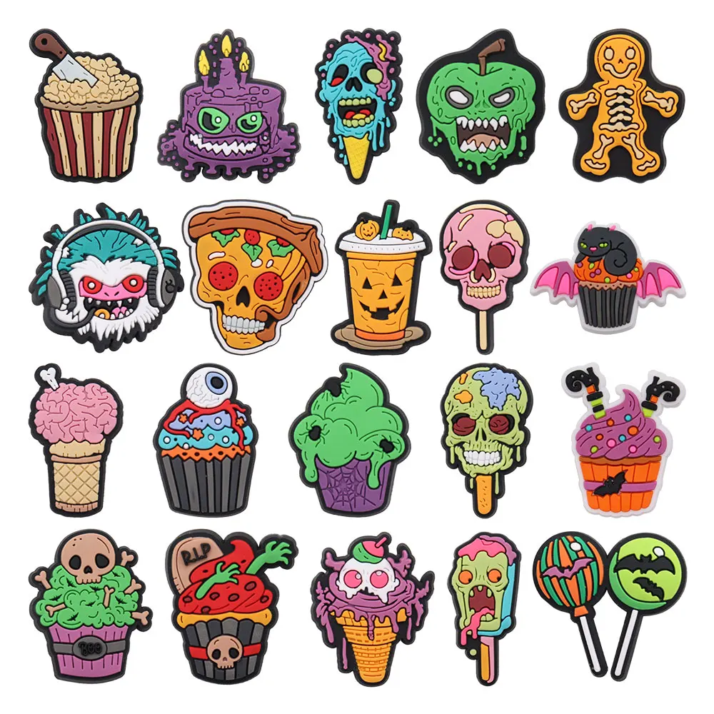 

Wholesale 50Pcs PVC Pizza Cakes Candle Skeleton Shoe Buckle Charms Children Decorations Clog DIY Halloweencute