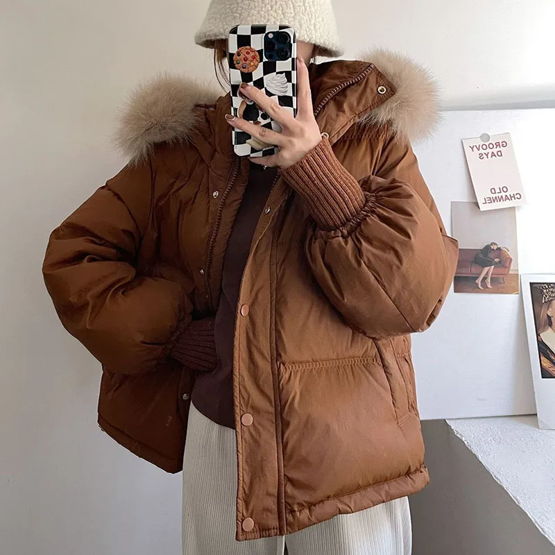 Overcoat Fashion Warm Solid Color Women Down Jacket 2024 Winter White Duck Down Hooded Natural Fur Collar Women Down Jacket H185