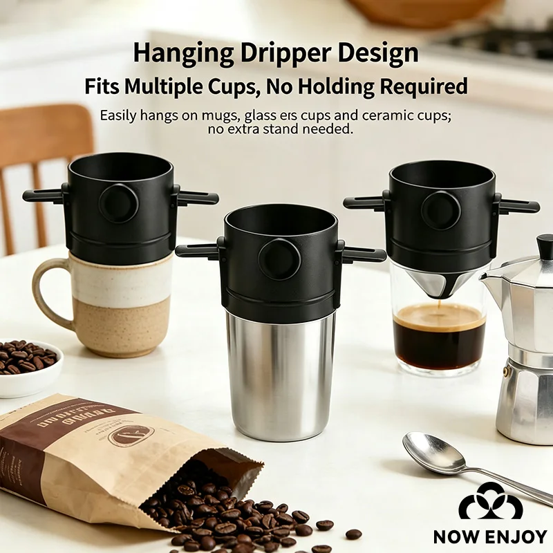 NOW ENJOY Folding Portable Hand Brewed Coffee Dripper Cone for Drip Coffee&Tea Stainless Steel Holder No Filter Paper Ultra Fin