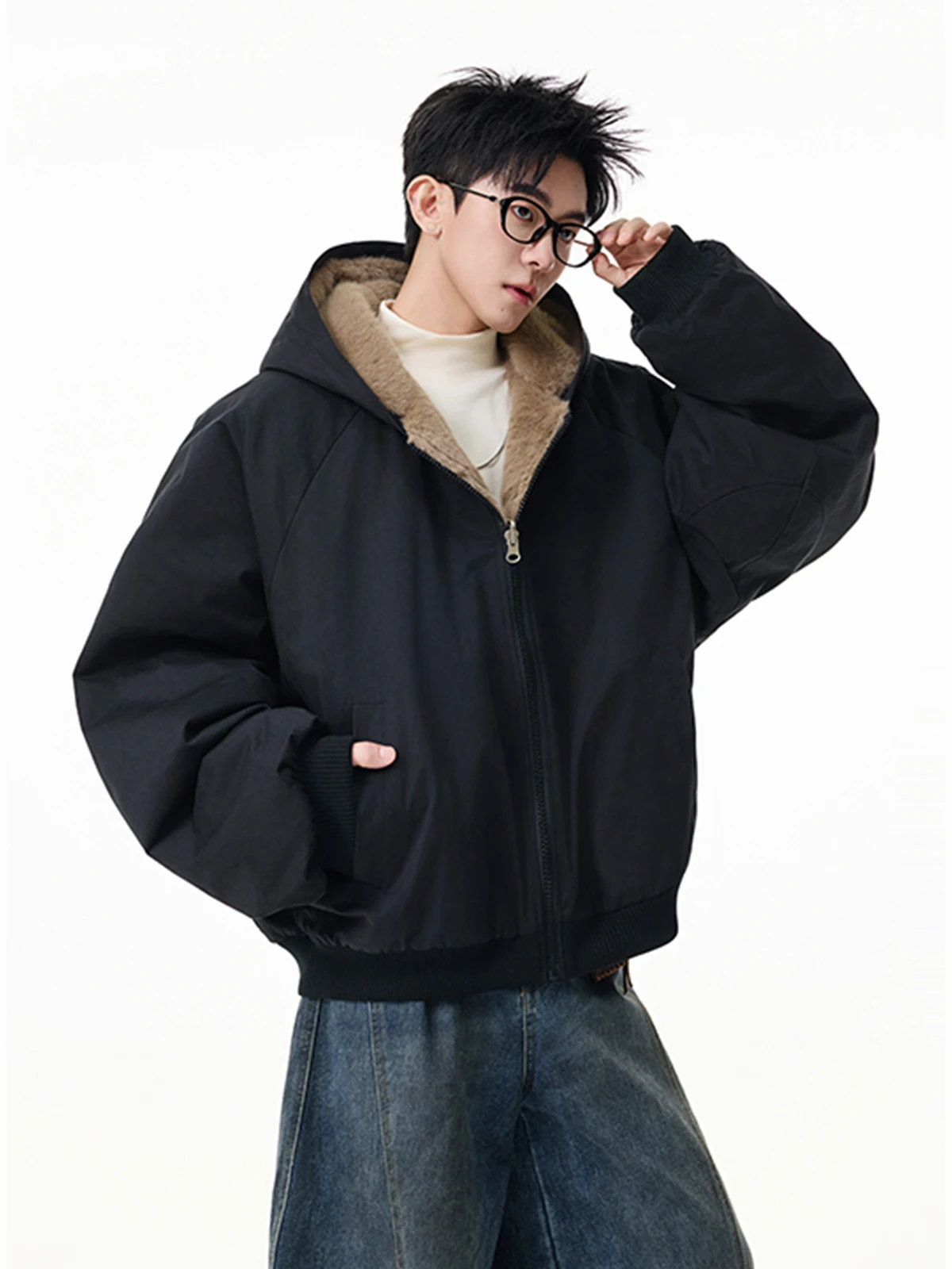 Dwustronny płaszcz męski zimowy z podszewką z imitacji futra królika, bawełniany, modny, luźny, wysokiej jakości, ocieplany, z kapturem.