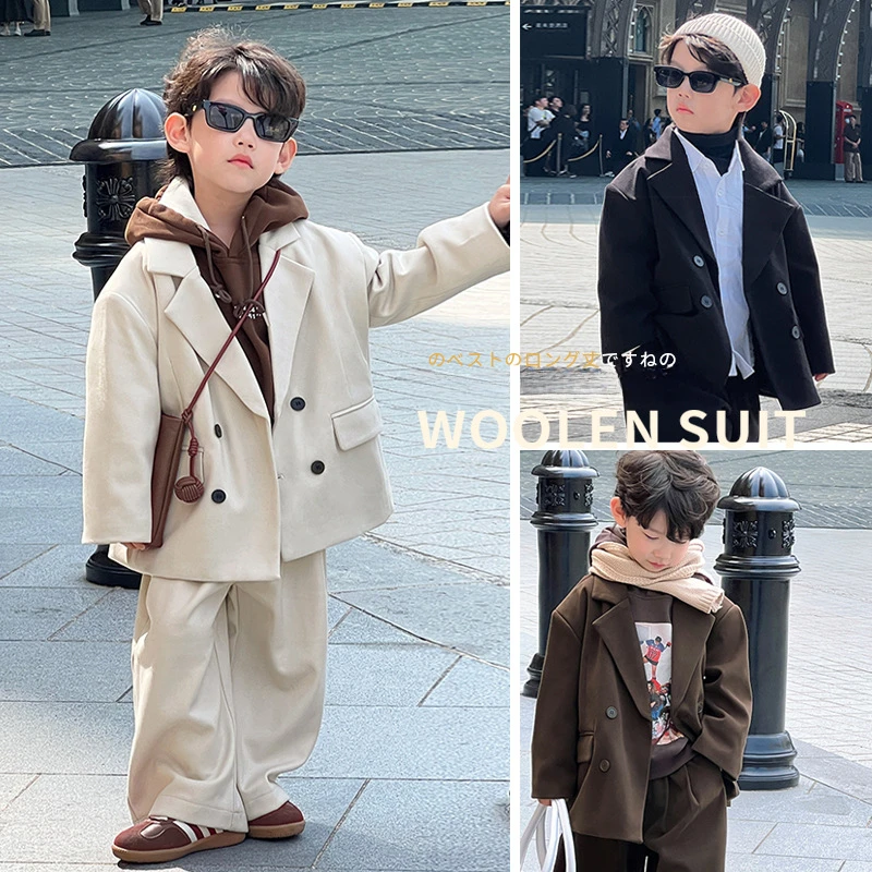 Boys Woolen Suit Set Autumn Winter Thicken Warm Casual Blazers Trousers Two-piece Children White Wedding Outfits 2 To 12 Years