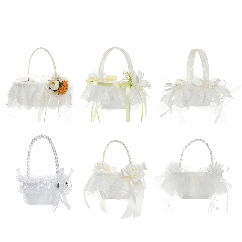 

Elegant White Wedding Flower Basket Sweet Bowknot Flower Girl Hand Held Basket Wedding Accessories Holiday Party Supplies