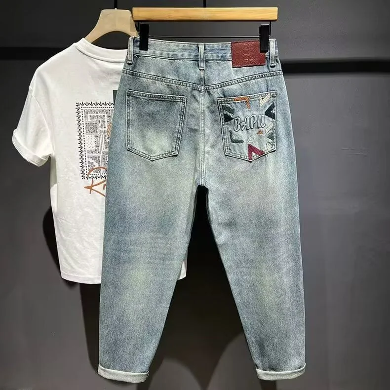 

Spring High-End American Trendy Brand Embroidered Elastic Slim Fit Straight Leg Jeans Men Versatile Slim Thin Foot Pants