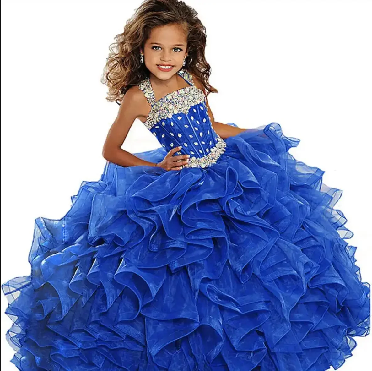 

Customized Royal Blue Flower Girl Dresses Appliques Diamond Floor Length Layered Tulle Gorgeous Kids Formal Pageant Ball Gown
