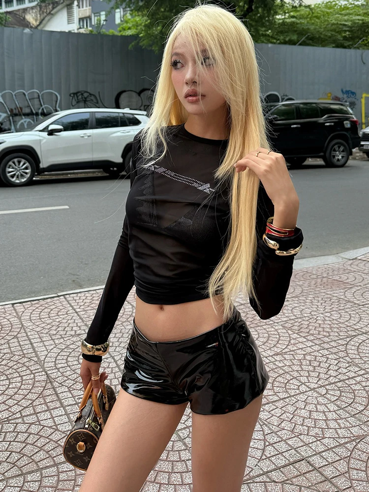 Nibber-Conjunto de Top Sexy de 2 piezas para mujer, sujetador Halter + pegatina de diamante falso transparente, camiseta de manga larga, ropa de calle de medianoche