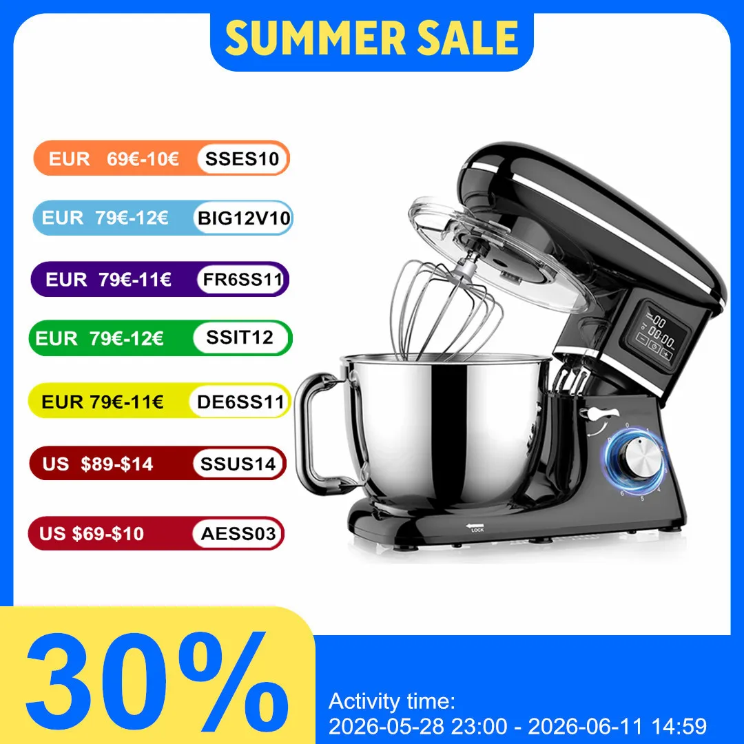 Batidora de Pedestal Comercial de 1500W, Tazón de Acero Inoxidable de 6.5L, 6 Velocidades, Diseño Silencioso, Pantalla Inteligente, Batidora de Masa Multifuncional