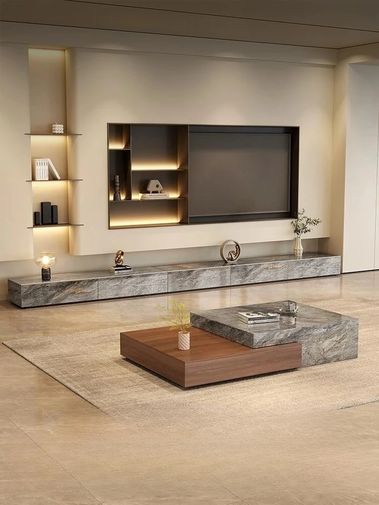 ox-Any Custom Glossy Grey Stone TV Platform Italian Minimalist Media Console Eco Friendly Large Storage Durable Easy Clean Cus-