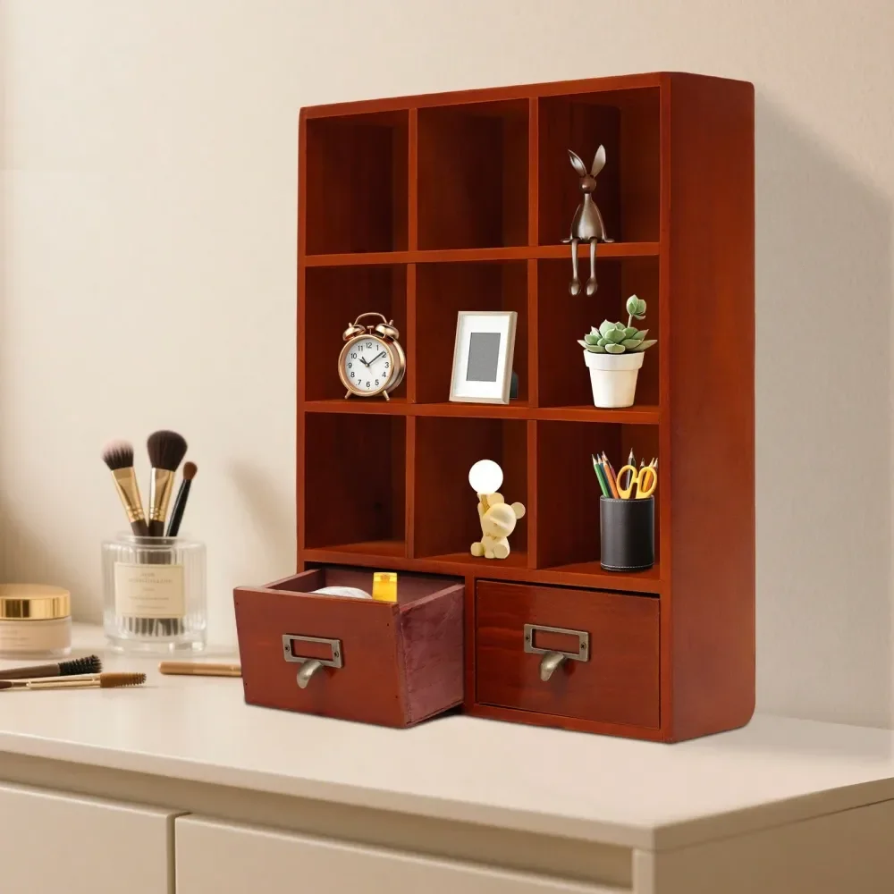 

Brown Wooden Display Cabinet 9 Compartments 2 Drawers 33.31042.5cm Wall Mount Freestanding For Collectibles Figurines Jewelry S