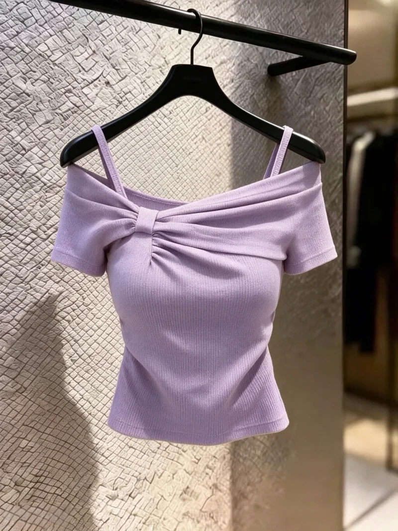 Summer New Style Women's Purple Knot Shoulder Short Sleeve T-shirt Self-retention Model Loose Fit Cotton Comfortable Breathable
