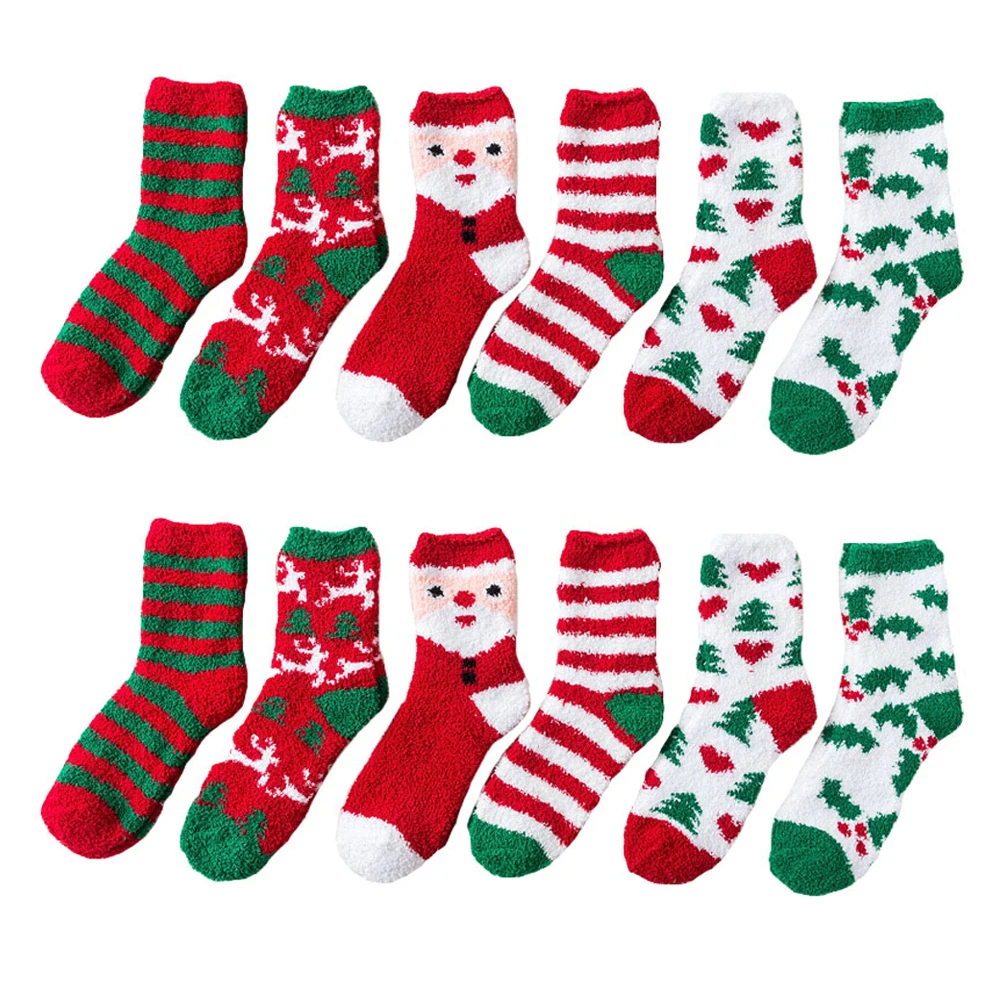 

6 Pairs Coral Fleece Socks Thicken Warm Unisex Kids Adults Christmas Gifts Stockings Soft Durable Non Slip Long Time Use