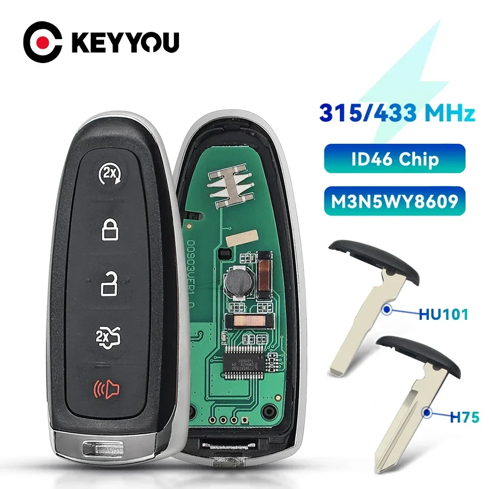 KEYYOU 1 SZTUK Zdalny kluczyk samochodowy do Ford Explorer Edge Flex C-max Taurus ID46 PCF7953 M3N5WY8609 315/433Mhz Inteligentne sterowanie Wymień