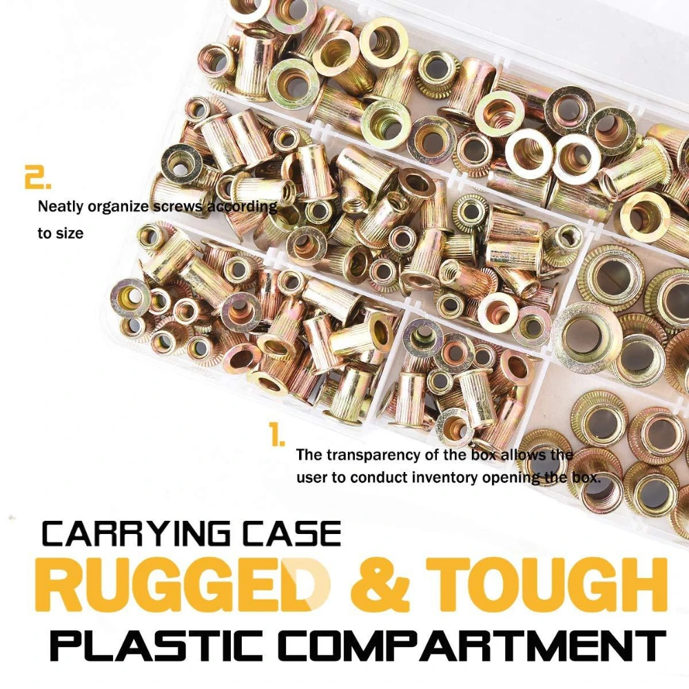 520pcs Carbon Steel Metric Color Zinc Rivet Nuts Sets 1/2 3/8 4/16 Vertical Stripe Flat Head Rivet Nuts 830pcs M3-m12 Nuts