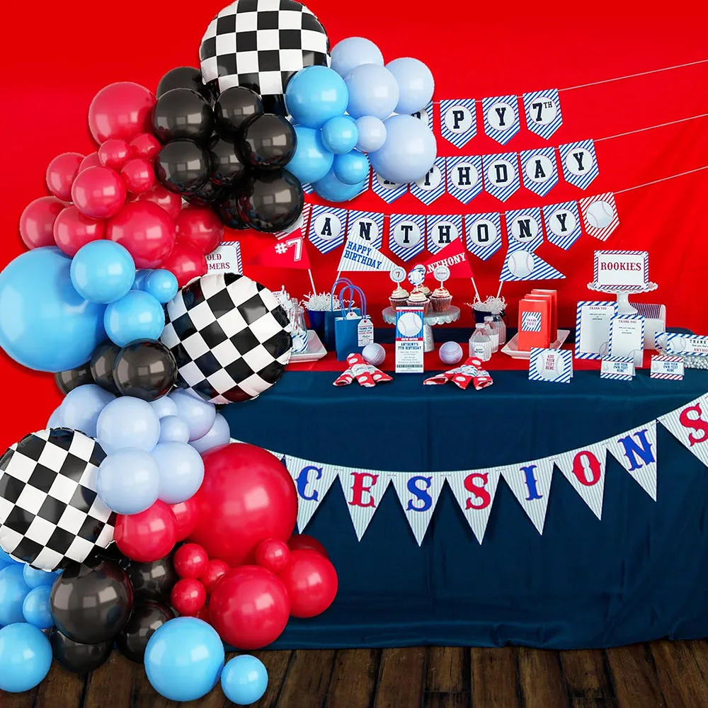 Racing Balloon Arched Garland Set Red Blue Black Checkered Flag Aluminum Foil Balloon Racing Theme Two Times Fast 2Th Birthday Racing Theme Party