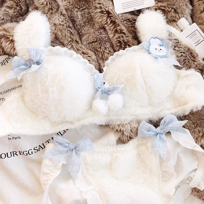 Japanese plush cute rabbit sweet underwear set without steel ring small chest gathered soft comfortable thin bra briefs sets