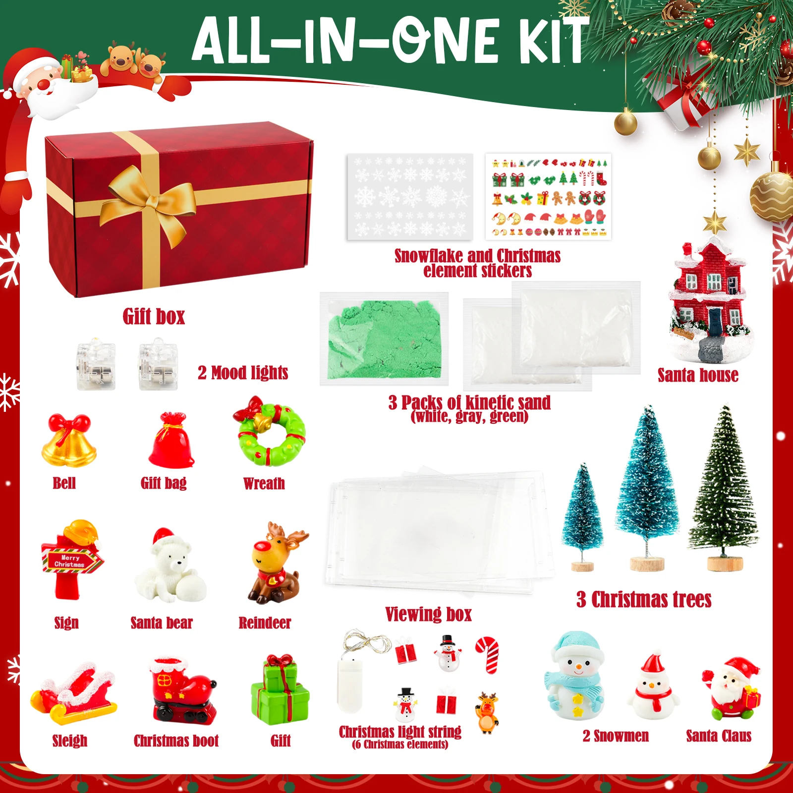 Christmas Sensory Bin Sandbox with Lid, Christmas Sand Art Play Kits Mini Snow Holiday Sensory Sand Kit Xmas Crafts Gift Decor