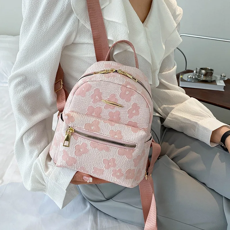 PU Leather Shoulder Mini Small Backpack Multi-Function Ladies Phone Pouch Pack Flower Print Ladies School Backpack Bag for Women