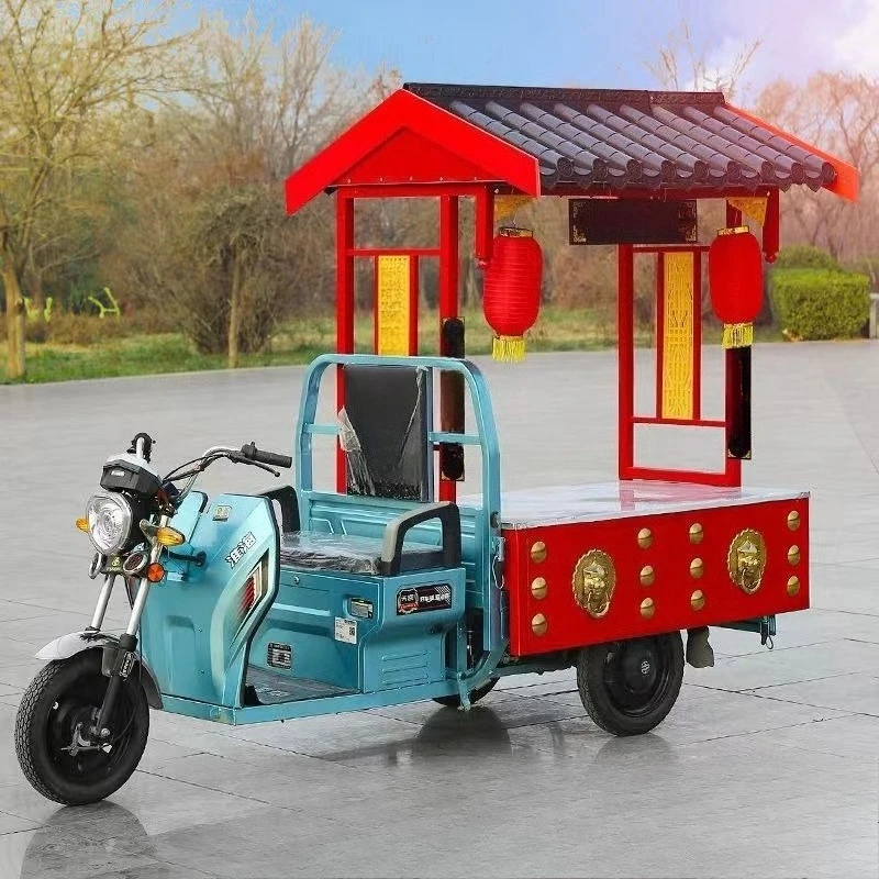 Truk camilan merah komersial pasar malam multifungsi, kios troli roda tiga listrik