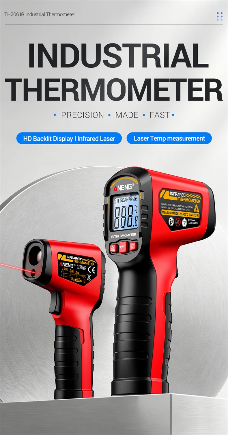 ANENG TH206 Infrarot-Thermometer ‑50 ℃ ‑400 ℃ 12:1 D:S-Verhältnis Laser-Zielung ℃ / ℉ Berührungsloser Temperaturmesser mit Datenhaltefunktion und Hintergrundbeleuchtung – Detail 1